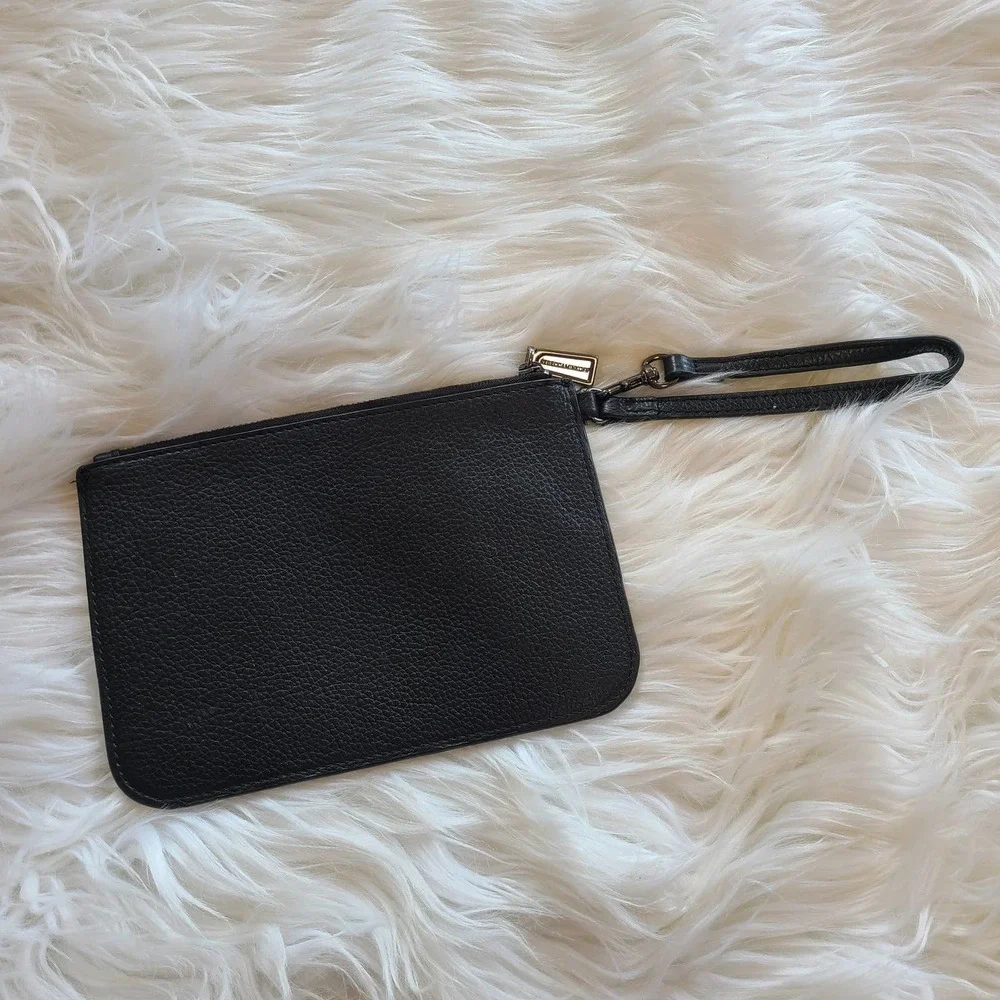 Rebecca Minkoff Pebbled Leather Black Zip Pouch Wristlet Wallet Smoked hardware